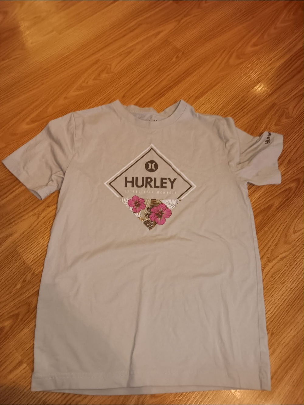 Hurley Light Gray Tee with Pink Floral Logo